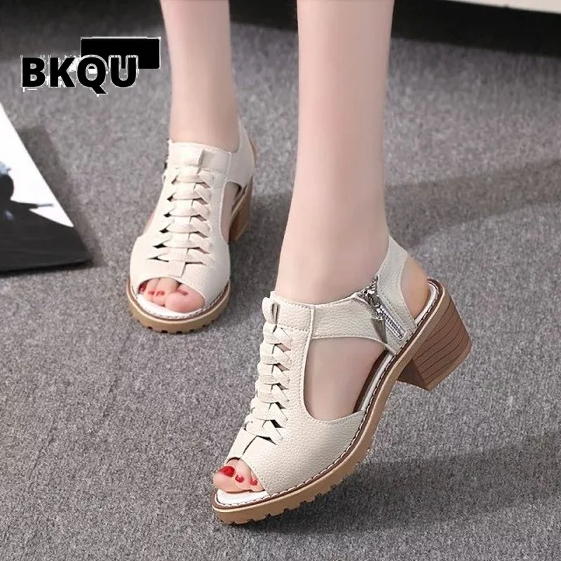 

2022 New Women's Square Heel Summer Shoes Leather Zip Gladiator Sandals Medium Heel Zip Platform Sandals High Heels