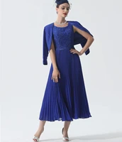 two piece royal blue mother of the bridal dress 2022 vintage scoop tea length chiffon lace guest party gowns robe de soiree