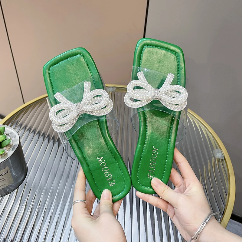 

Summer Elegant Ladies Sandals Square Toe PVC Rhinestone Bow Party Pumps Strange Transparent Heel Designer Women's Sandals 2022