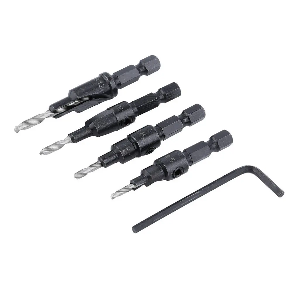 

4PCS 6# 8# 10# 12# 1/4 Hex Quick Change Shank Countersunk Cone Drill Bit Conical Reaming Drill Bit Set Woodworking Tools