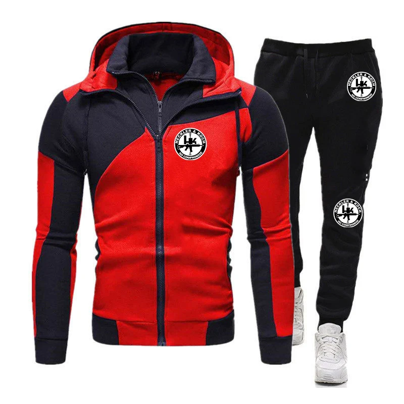 

2023 Men New Hk Heckler Koch No Compromise Spring Autumn Sporting Casual Color Matching Design Diagonal Zipper Hoodie+Pant Suit