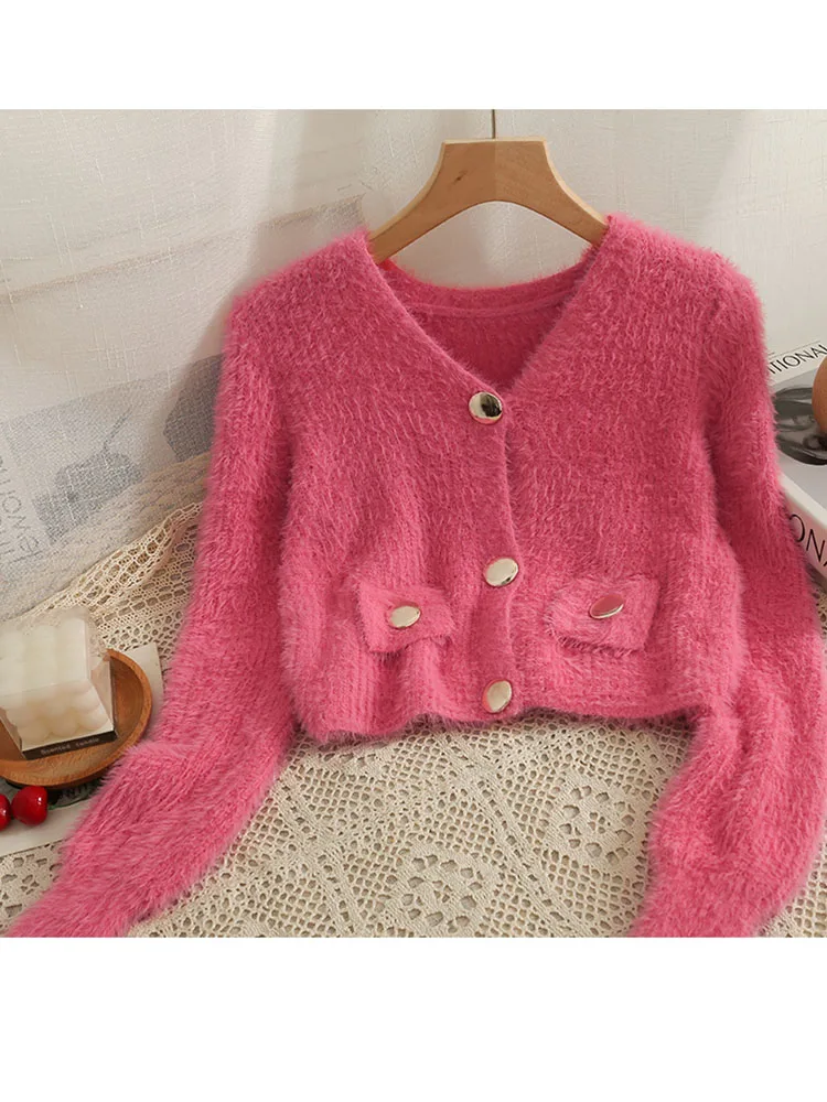 

Женский осенний кардиган, новинка 2023, короткий свободный облегающий однобортный Кардиган, Свитер в Корейском стиле с низким воротником и длинным рукавом, модель D4970