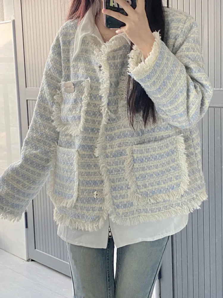 

Женский вязаный кардиган в полоску, повседневный свободный небольшой кардиган в Корейском стиле с длинными рукавами и круглым вырезом, винтажный свитер