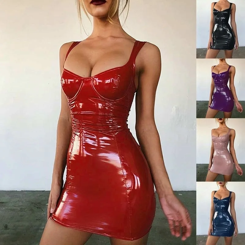 

Dress Summer 2020 Hirigin Sexy Women Faux Leather Bodycon Mini Dress Latex Sleeveless Straps Nightclub Clubwear Dress