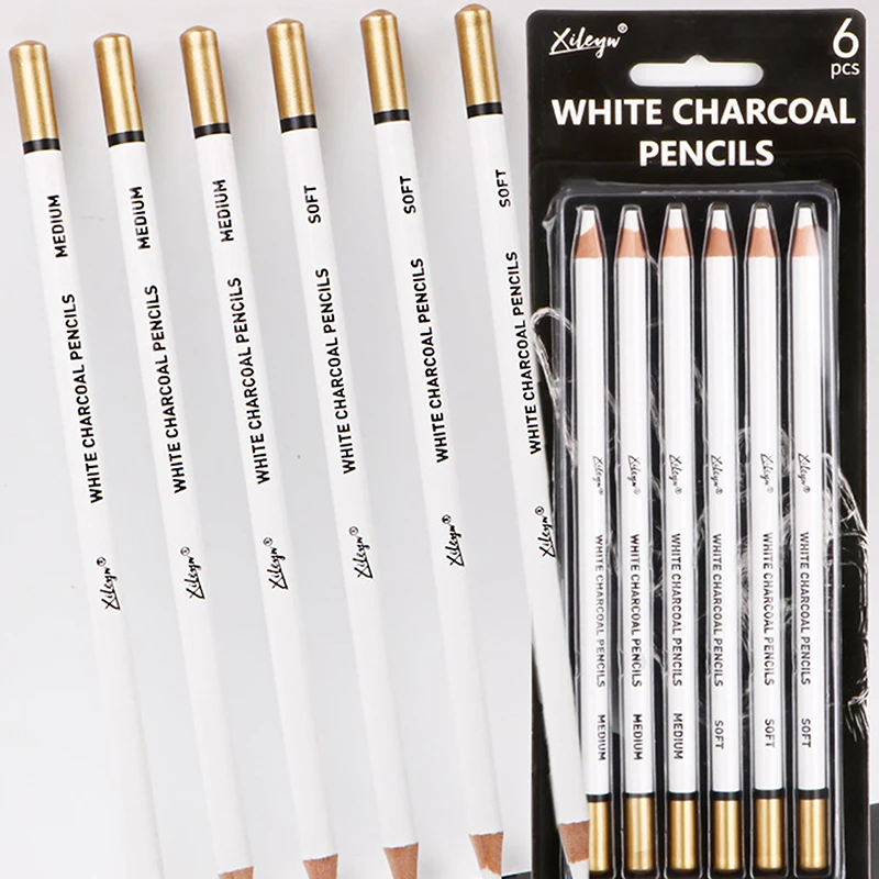 

White Charcoal Pencils Drawing Set, 6 Pcs Smooth Soft & Medium Sketching Pencil for Highlighting Art Supplies