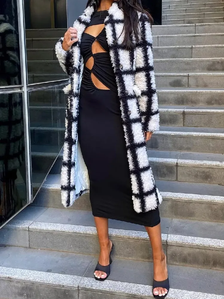 2022 Winter Lapel White Black Plaid Hairy Shaggy Faux Fur Long Teddy Coat Woman Shearling Fluffy X-Long Jackets  Warm Outerwear