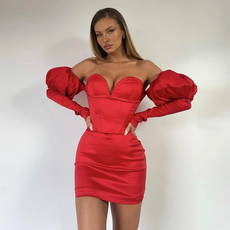 

Off Shoulder Straps Puff Sleeves Slit Mini Sexy Dress Solid 2021 Fall Bodycon Slim Evening Party Elegant Vestidos