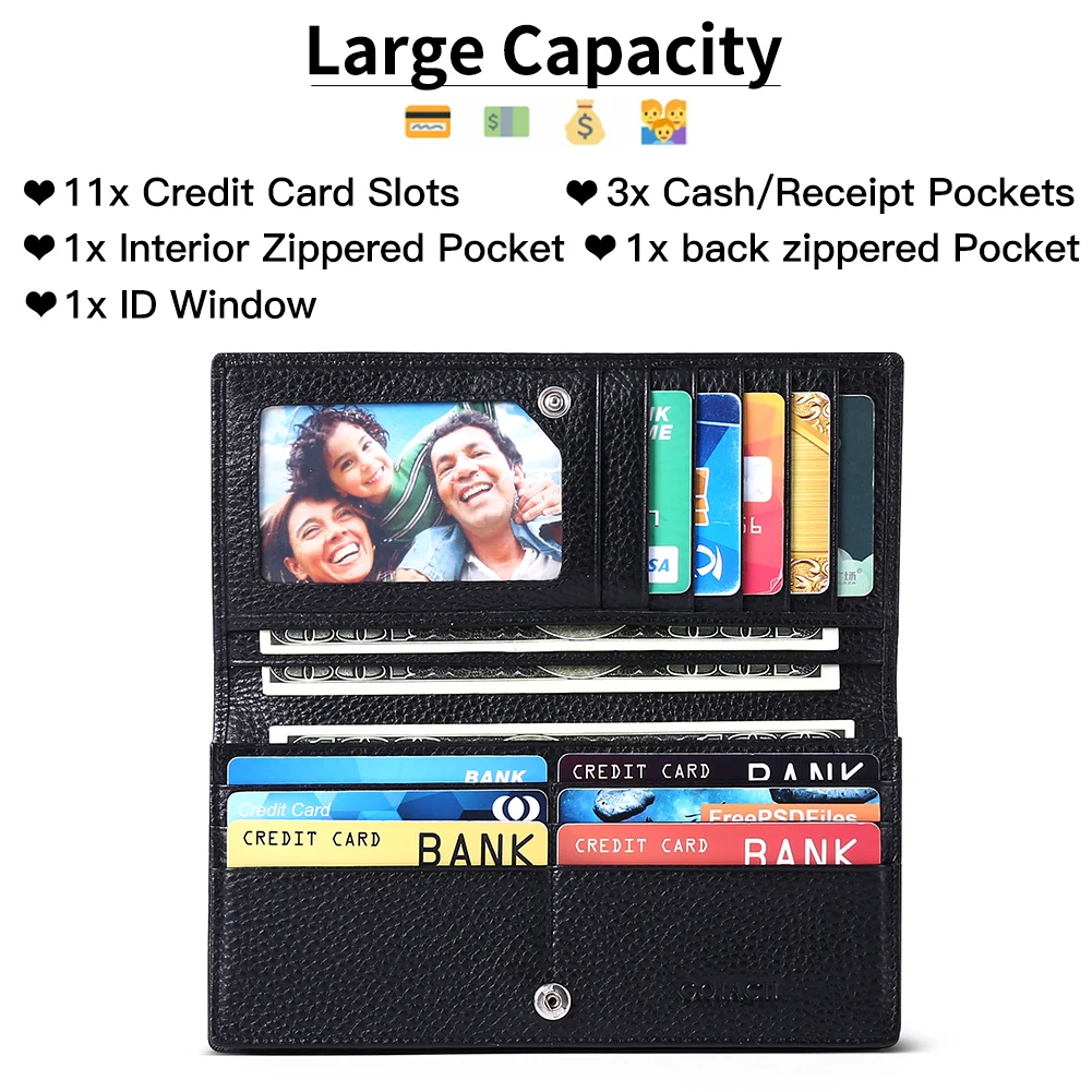 Genuine Leather Long Women Thin Wallets Large Capacity Female Coin Purses Hasp Clutch ID Credit Multi-Card Holder Money Bag Clip