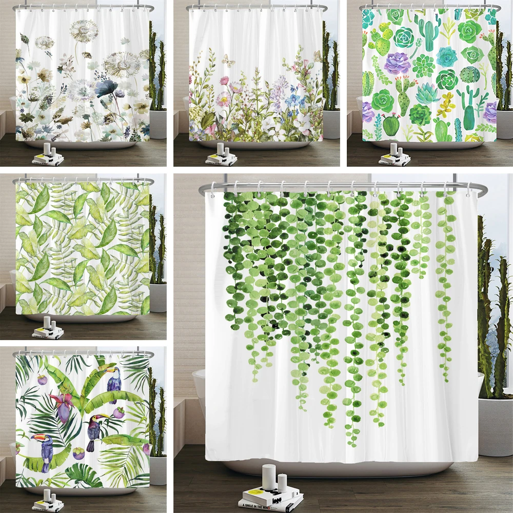 

Waterproof Polyester Shower Curtain Green Plant Leaves Bathroom Decor Curtain Tropical Flower Bathtub With Hooks Room Decor