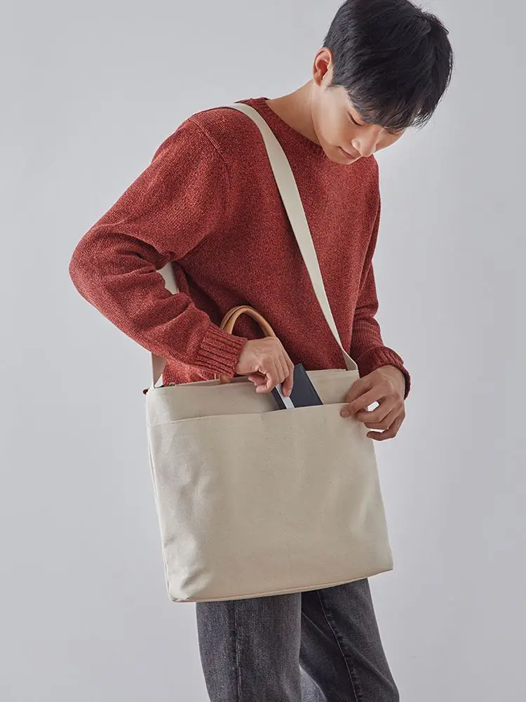 Men's Bag Canvas Handbag Women's Briefcase Business Leisure Commuter Document Bag One Shoulder Cross-Side Schoolbag Unisex Tote