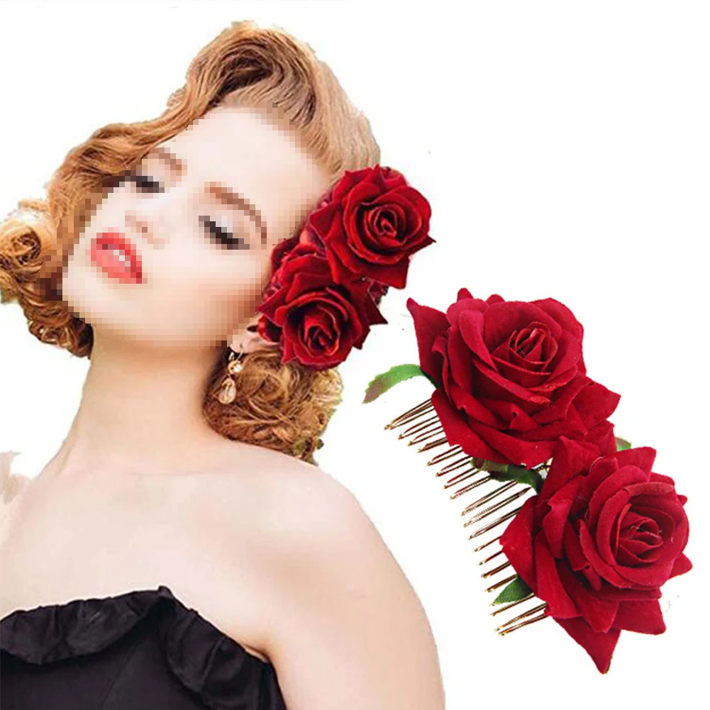 

1Pcs Fashion Red Flower Hair Comb Bridesmaid Rose Hair Clip Bridal Hairpin Wedding Hair Jewelry For Women Party Hairband Gift