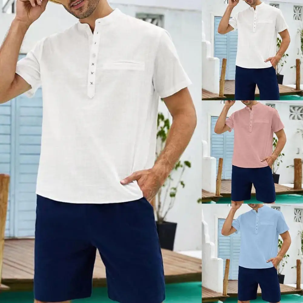 

Men Shirt Solid Color All Match Stand Collar Casual Summer Shirt for Work