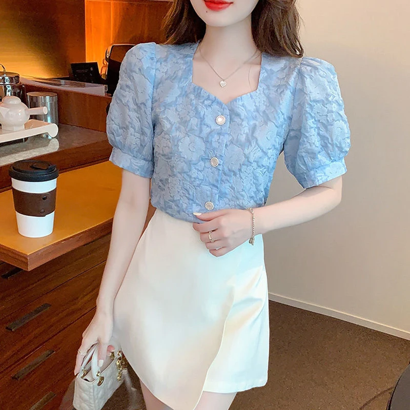 Модные однотонные шифоновые рубашки с квадратным воротником и пуговицами