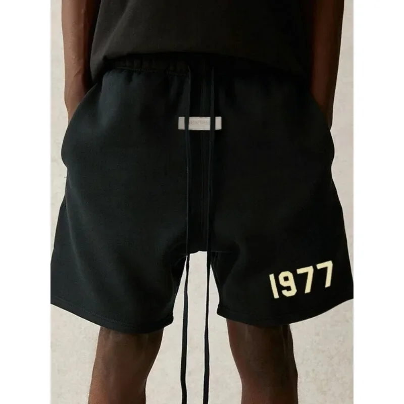 

ESSENTIALS Season 7 Fashion Men's Shorts 1977 Letter Flocking Print Cotton Pants Trend Brand Couple Casual Drawstr Capris Shorts