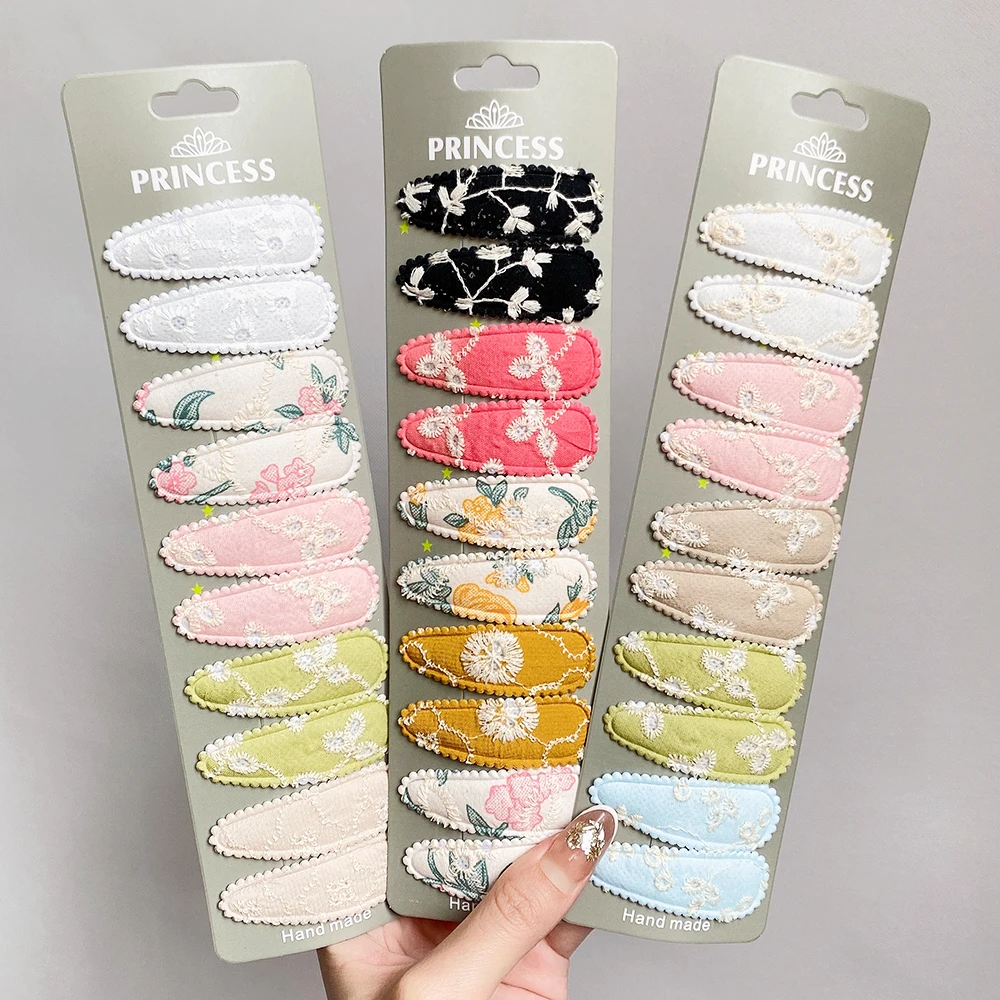 

10pc Floral Print 2inch Basic Snap Baby Hair Drop Clips Lace Embroidery Hair Clamp Pins Hairpins Cotton Plaid BB Barrette Girls