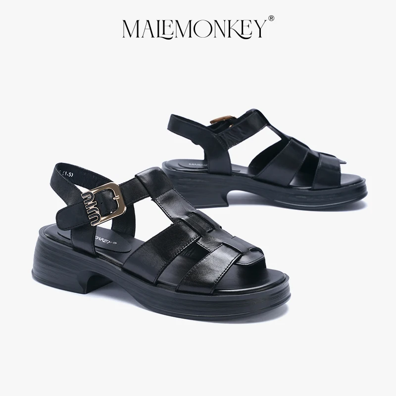 High Quality Platform Roman Sandals Women Leather 2023 Summer Retro Non-slip Sandals Round Toe Chunky Heel Female Shoes Handmade