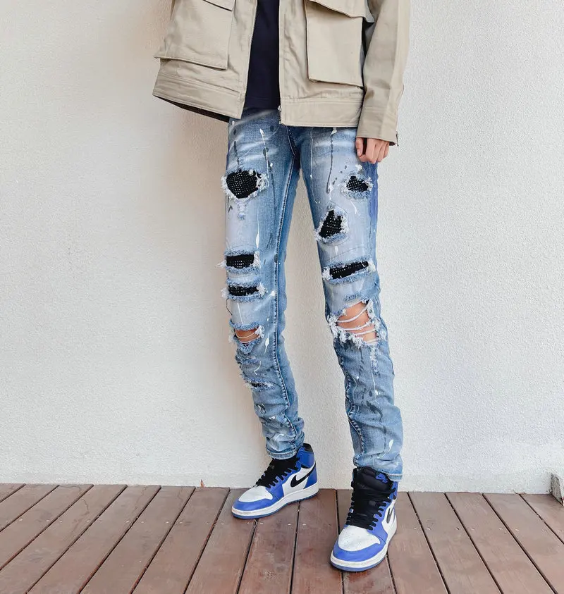 Fashion Streetwear Men Jeans Retro Blue Stretch Elastic Painted Slim Ripped Jeans Men Patch Designer Brand Hip Hop Pants Hombre
