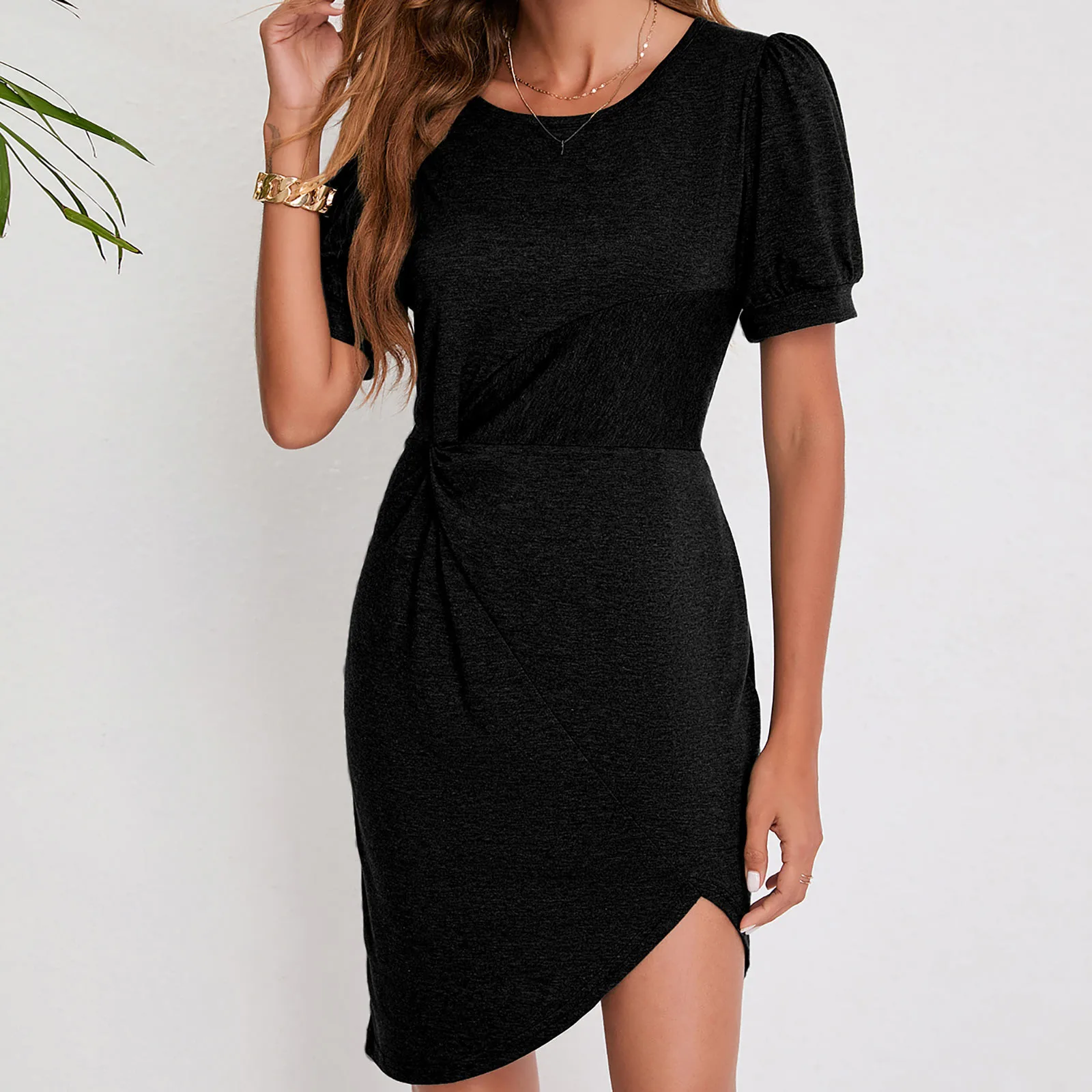 

Облегающее мини-платье, однотонное женское летнее платье с коротким рукавом, соблазнительное вечернее платье с круглым вырезом, традиционн...