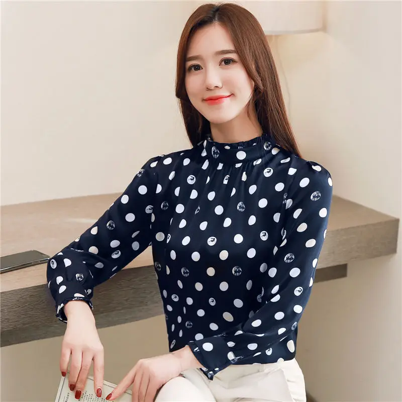 2022 Autumn Fashion Women Chiffon Shirts Long Sleeve Polka Dot ruffless Women Blouses Casual Stand Collar Women Tops silk top