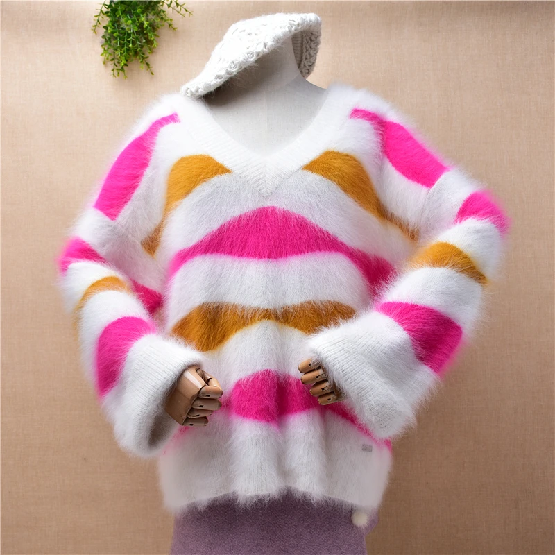 

Женская осенне-зимняя одежда в полоску, плотный норковый кашемировый вязаный пуловер с длинными расклешенными рукавами и V-образным вырезо...