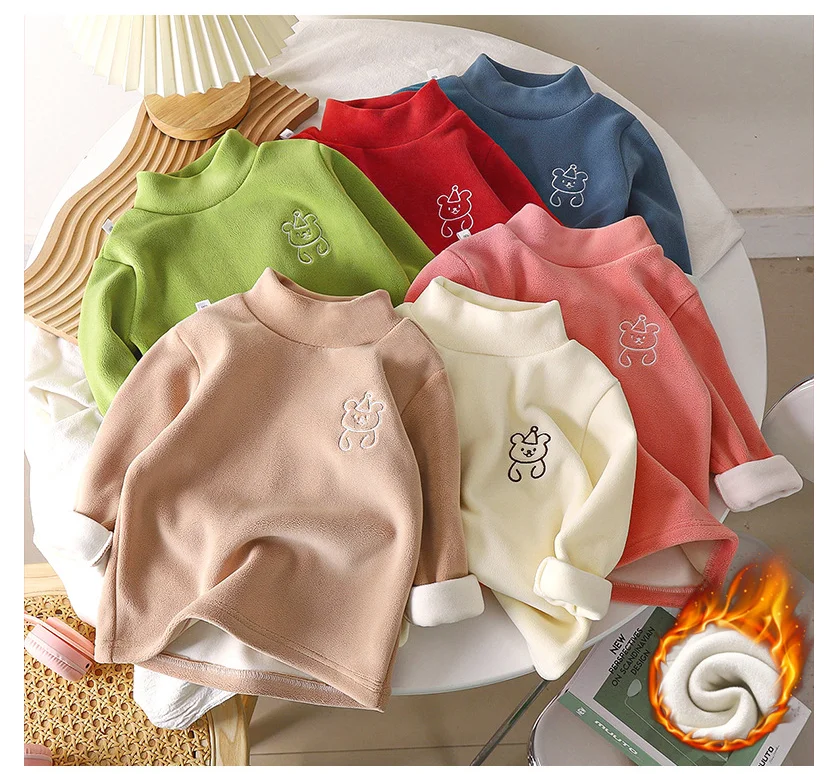 

Детская утепленная плюшевая футболка, Осень-зима 2023, новинка, детская Водолазка для мальчиков и девочек, мягкие бархатные теплые Топы