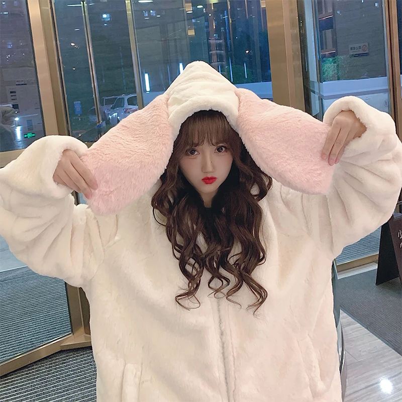 Warm Parkas Kawaii Harajuku Couple Hoodies Cute Rabbit Ears Black Hooded Outwear Women Sweet Korean Loose Warm Plush Coats Y2k