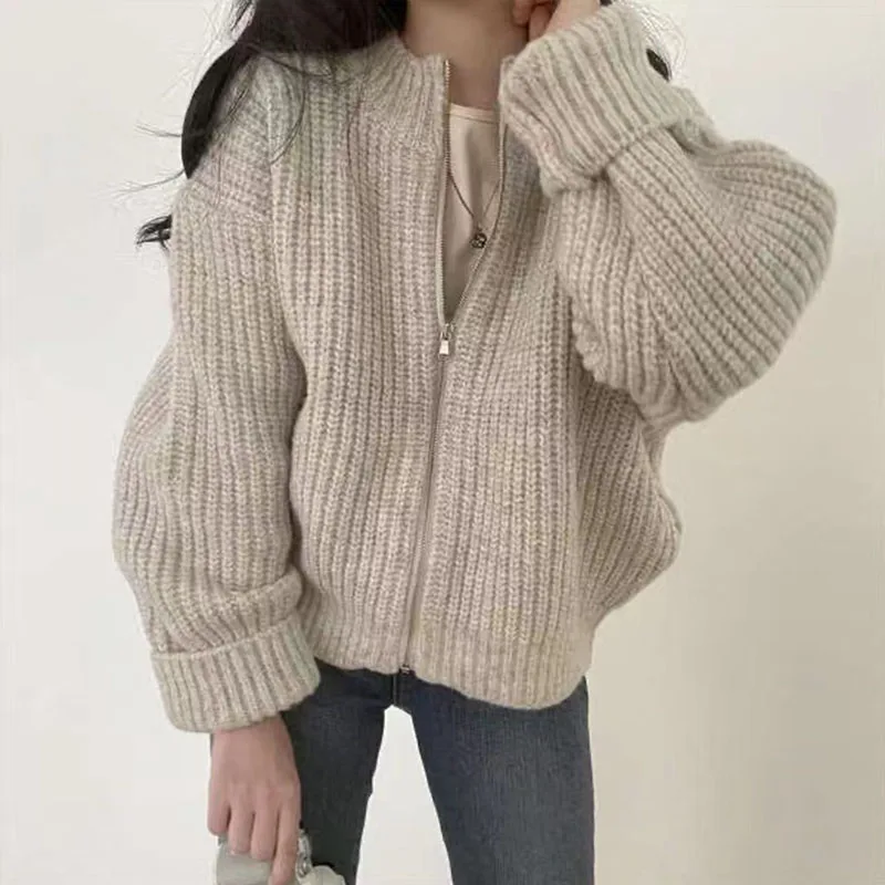 

Autumn Winter Women Clothes Fashion Chic Sweater Vintage Loose Zipper Knitted Crochet Cardigan Woman Harajuku Cropped Knitwear