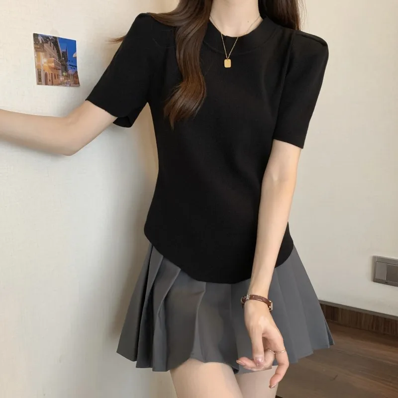 Вязаная Красная футболка из ледяного шелка с коротким рукавом для женщин на