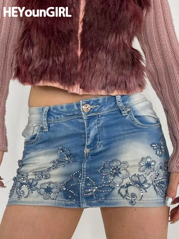 

Женская джинсовая юбка HEYounGIRL с заниженной талией Стразы с цветочным принтом Y2K милые корейские модные джинсовые шорты юбки винтажная эстет...