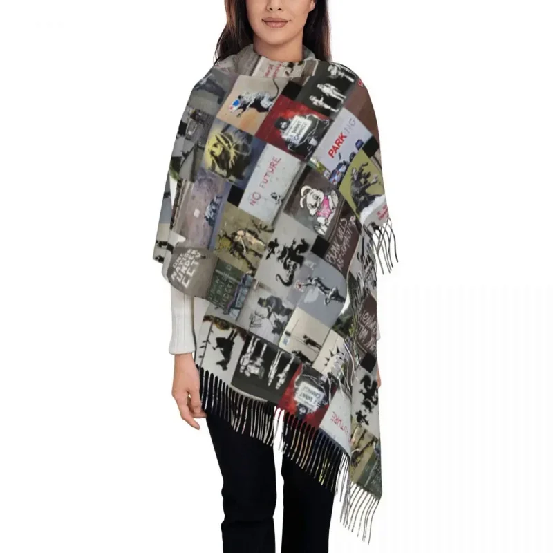 

Womens Tassel Banksy England Street Art Graffiti Large Winter Fall Shawl Wrap Gifts Cashmere Scarf