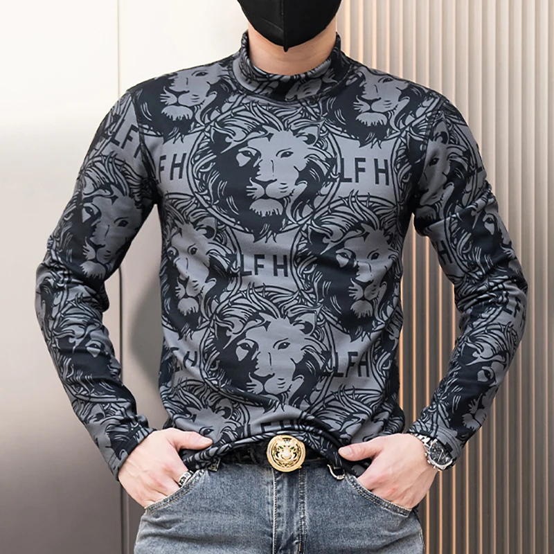 

2023 Winter Men's Wool Undershirt Printed Warm Underwear Plush Thickened T-shirt Mock Neck Fashion Pullover Tops