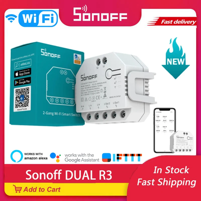 

Смарт-переключатель Sonoff DUAL R3, 2 клавиши, Wi-Fi, голосовое управление
