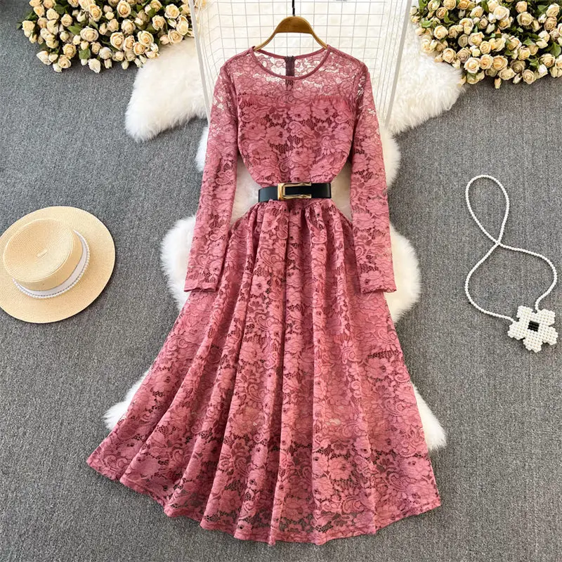 

New 2023 Spring And Autumn Lace Dress Retro Temperament Long Sleeve Round Neck Slim A Line Elegant Long Women Party Dress T1430