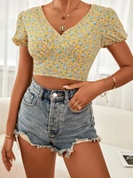 y2k vintage floral cross crop top t shirt women cropped slim short sleeve v neck sexy summer clothes tee shirt femme woman tops