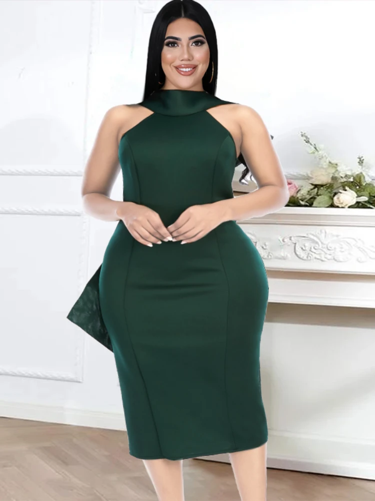 Женское платье с открытой спиной и бантом-бабочкой темно-зеленое сексуальное для