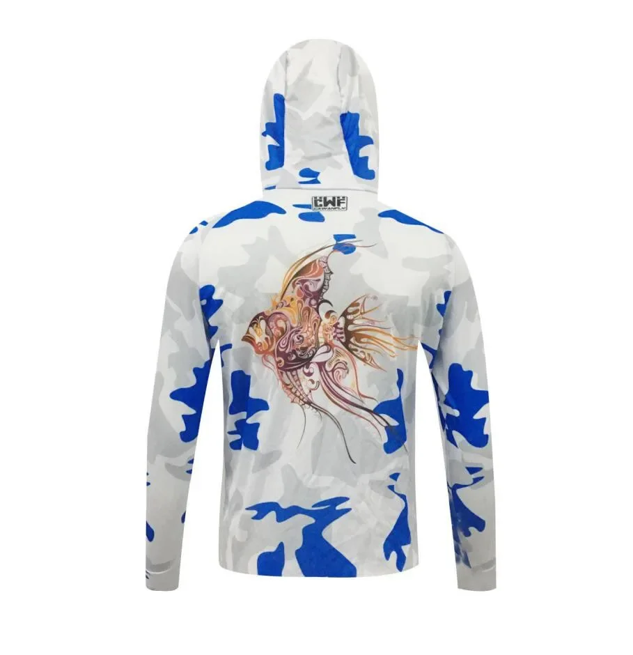 2024 Outdoor Sublimation Printing Long Sleeve Fishing Anti-UV UPF 50+ Clothes Breathable Hiking Sports Jersey Hooded Men's