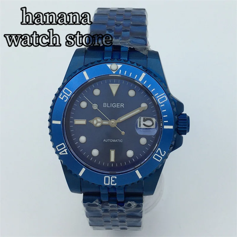 Мужские механические водонепроницаемые часы с синим сапфировым стеклом 40 мм