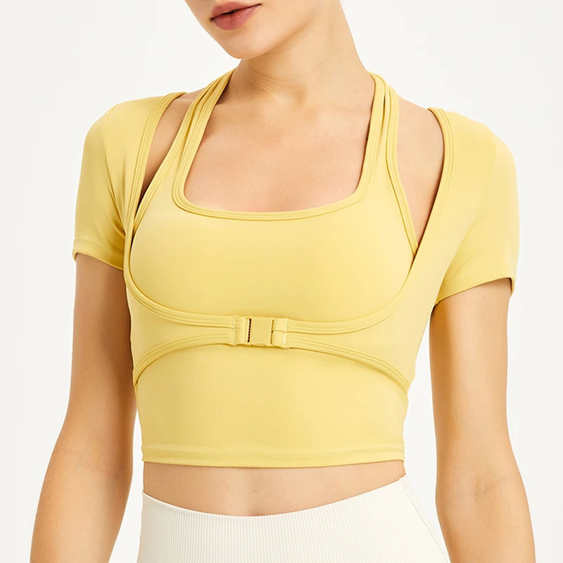 

ASHEYWR Women With Chest Pad Fitness Short Sleeve Tops Slim Elastic Workout Underwear Top Sexy Halter Neck Patchwork T-Shirt