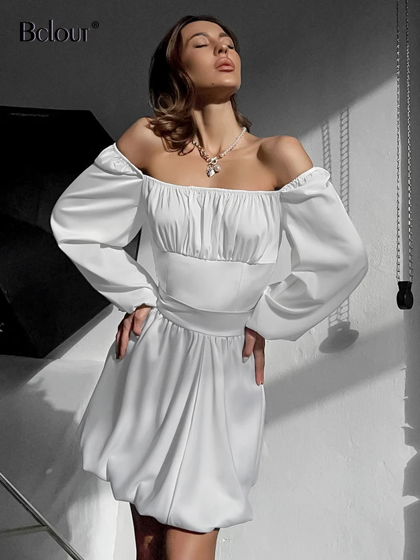 

Элегантное Атласное белое платье-трапеция Bclout, женские осенние плиссированные мини-платья с рукавами-фонариками и рюшами, модное однотонное свободное платье