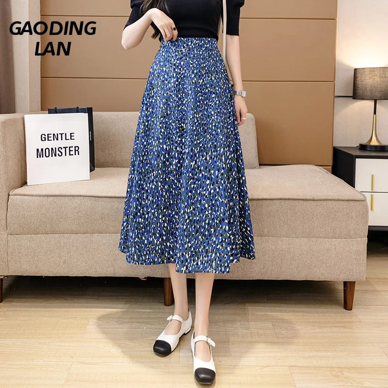 

GAODINGLAN Summer Women Artistic Oil Painting Blue High Elastic Waist Skirt Female Korean Mid-Calf A Line Floral Chiffon Skirts
