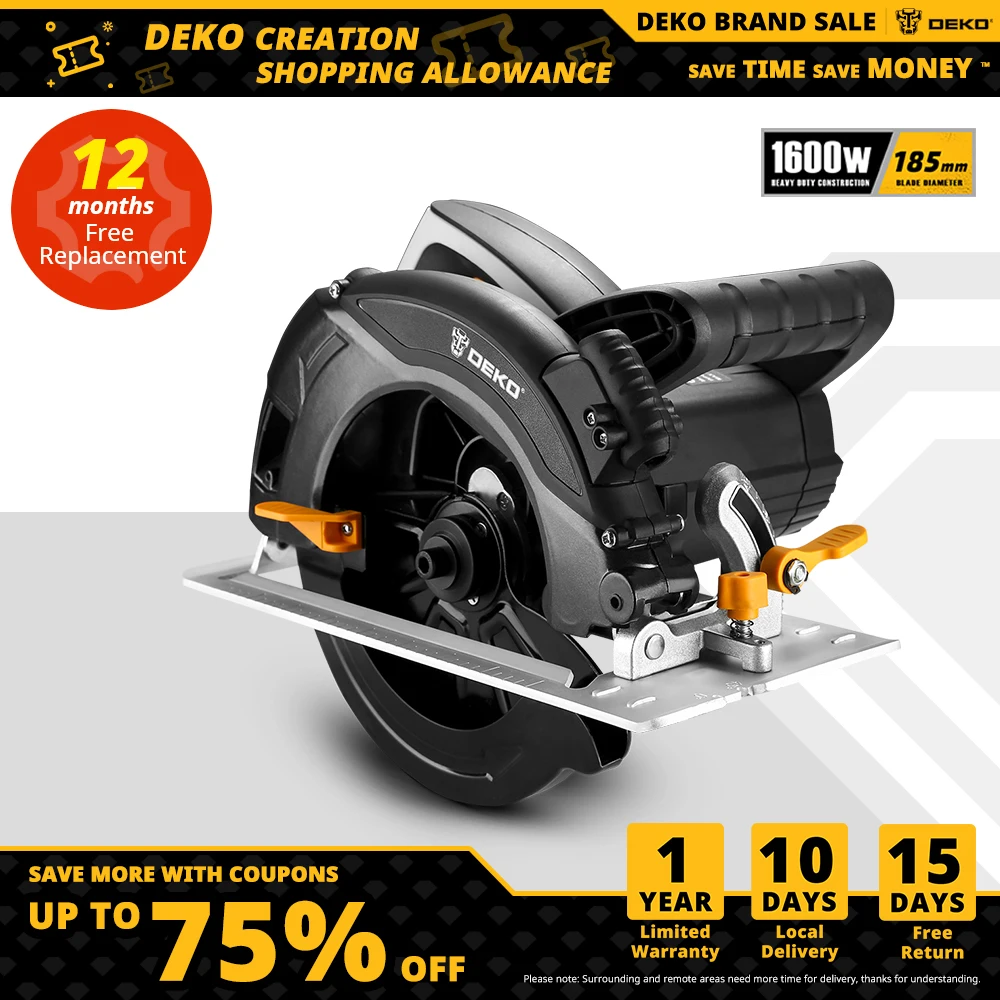 DEKO Circular Saw Power Tools with Laser/Scale Ruler/Blade/Dust Passage/Auxiliary Handle, High Power, Multi-function--DKCS1600