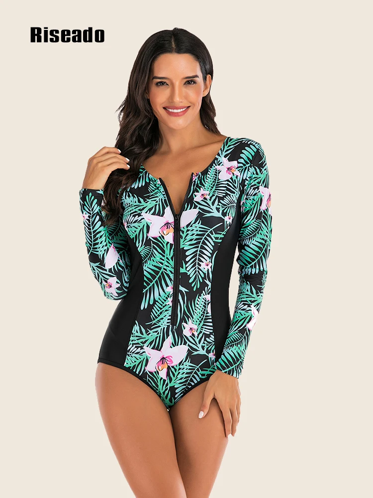 

Женский слитный купальник с длинным рукавом, с цветочным принтом