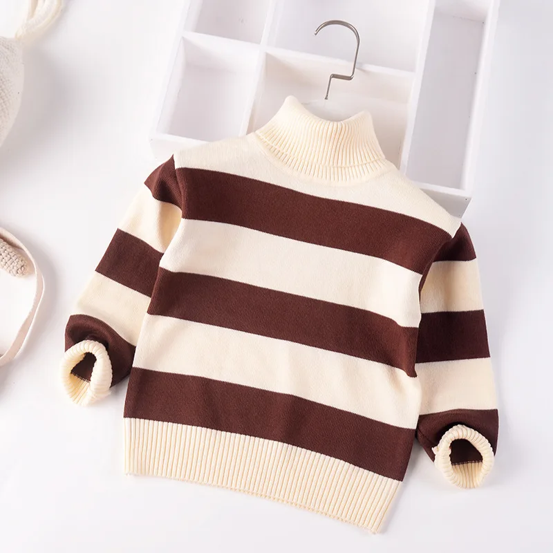 

New Boys Cotton Warm Pullovers Plush inside sweaters girls Turtleneck Winter Autumn Knitted Striped Loose jacket 2-10Y Child Top