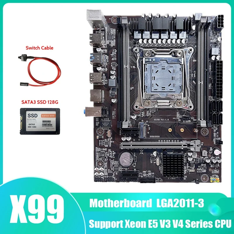 X99 Motherboard LGA2011-3 Computer Motherboard Support Xeon E5 V3 V4 Series CPU With SATA3 SSD 128G+Switch Cable