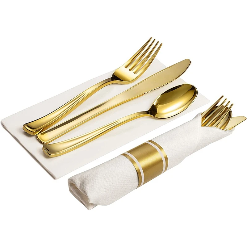 1 комплект, Золотые пластиковые столовые приборы, обернутые вилками, ножами, ложками, белыми салфетками