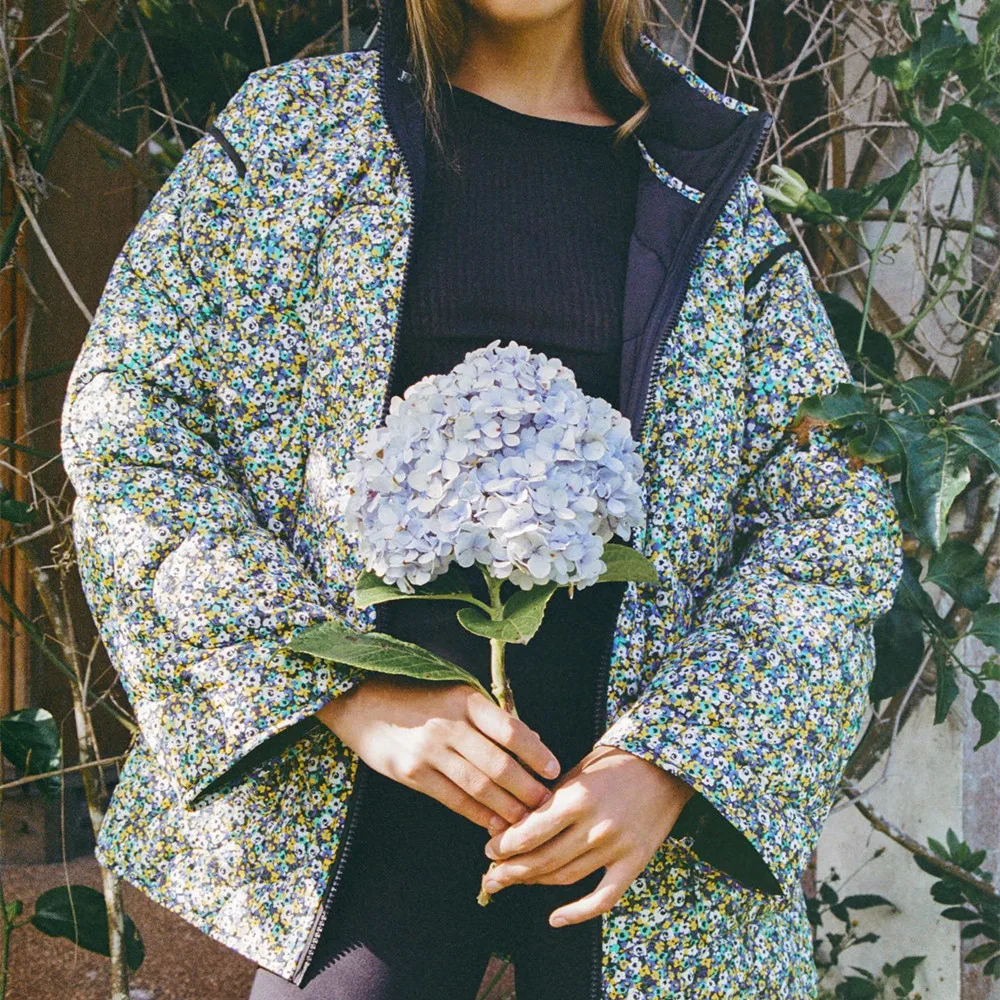 Autumn Winter Clothes Women's Parkas Retro Floral Print Coat Casual Stand-up Collar Zipper Fluffy Parka Mid-length Jacket Puffer