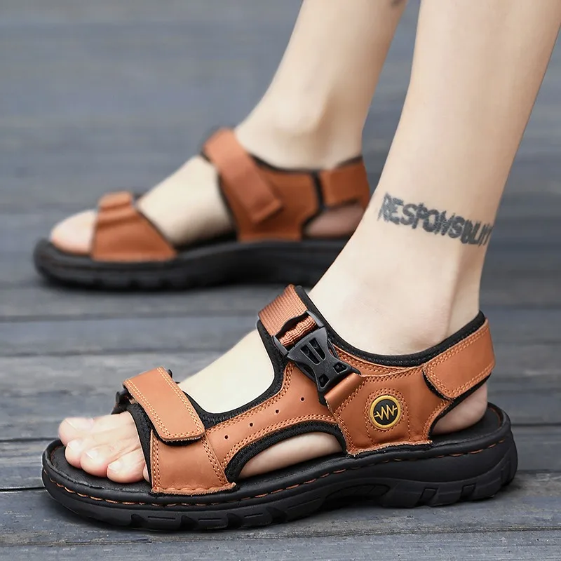 Сандалии мужские из натуральной кожи модные шлепанцы для пляжа Уличная