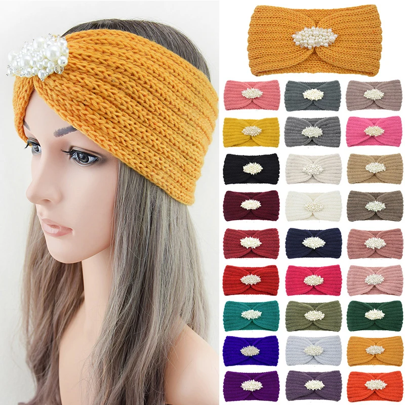 

Pearl Beaded Knitted Knot Cross Headband For Women Headwraps Autumn Winter Girls Turban Elastic Hair Bands Hair Accessories