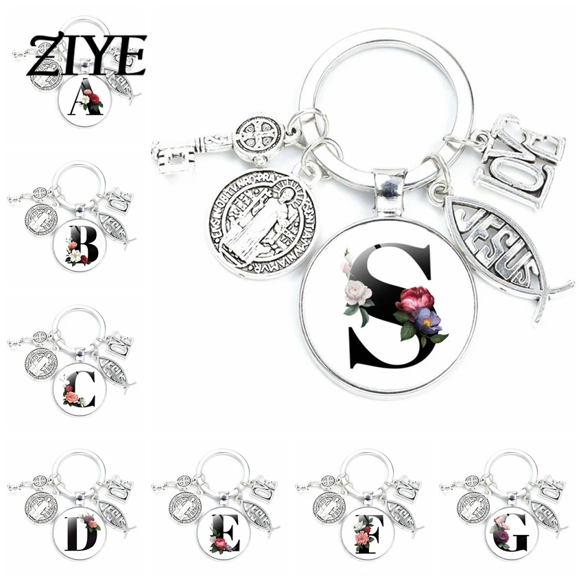 

Fashion A-Z Initial Letter Glass Cabochon Keychains Jesus Christ Religion Metal Charms Pendant Keyrings of Women Man Accessories