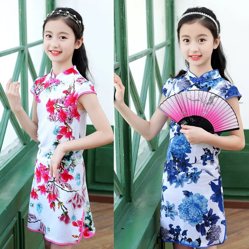 Детское китайское платье-Ципао Qipao сине-белое фарфоровое платье с цветочным